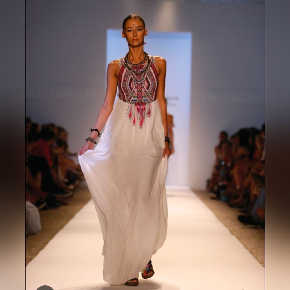 NEW MARA HOFFMAN Mahina White Pink Mirror Embroidery Boho Wedding Maxi Dress S M